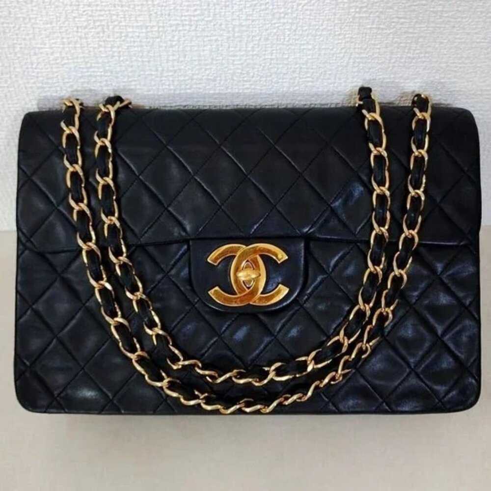 Authentic CHANEL Jumbo Maxi XL 24K Gold Flap Bag Lambskin Chain Shoulder Black